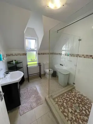 a bathroom with a shower and a sink and a toilet at De Blauwvoet - Meerkat (Sunset Beach) in Cape Town