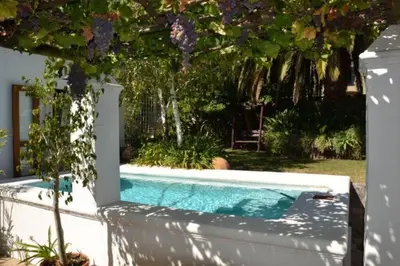 a swimming pool in a garden next to a fence at Petite France:luxury thatched 4BRcottage with pool in Franschhoek