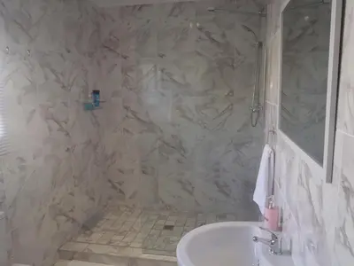 a bathroom with a white sink and a shower at Mi Amor Accommodation in Brackenfell