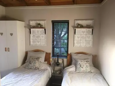 a bedroom with two beds and two windows at Aan de weg in Cape Town