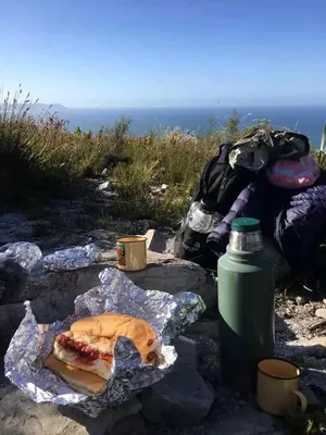 a sandwich and a water bottle on some rocks at Ocean and mountain breeze in Hermanus